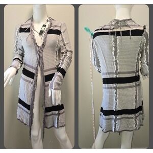 Belldini Pebble Combo Black & White Stripe Fringe Cardigan Sweater Coat L‎ – NWT